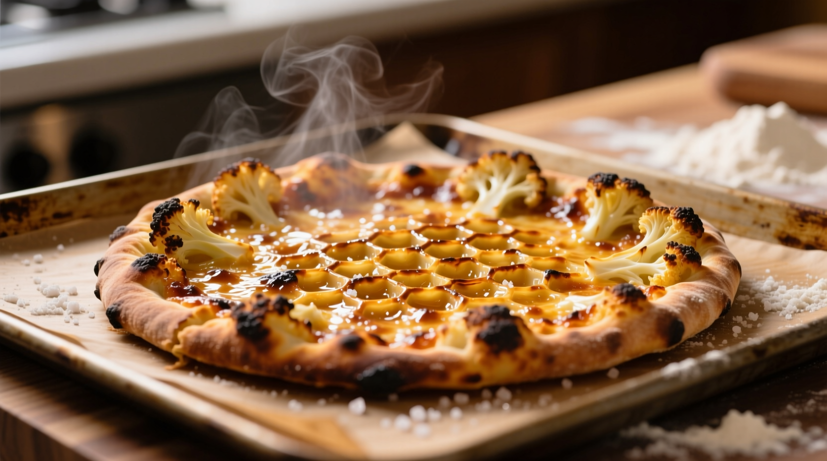 Crispy golden cauliflower pizza crust on baking sheet