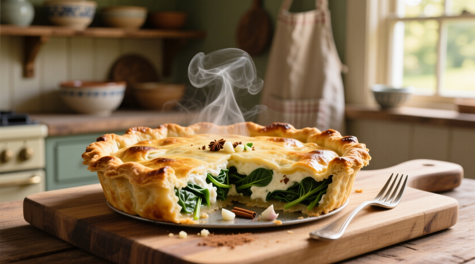 Golden spinach ricotta pie fresh from oven