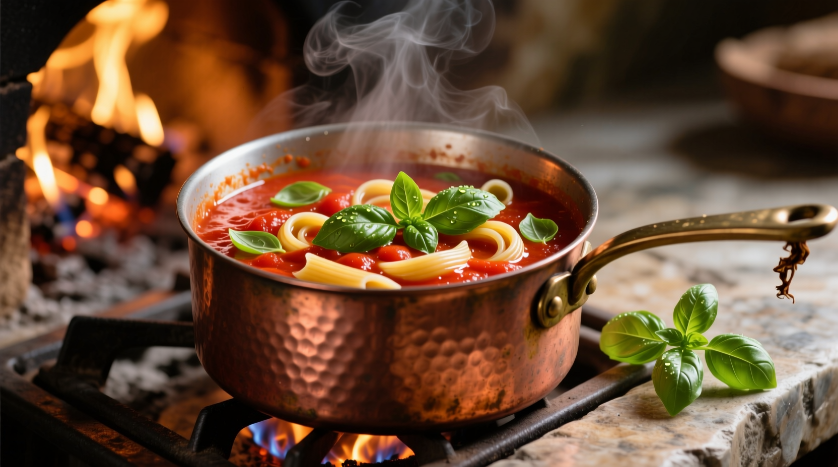 Homemade pasta sauce simmering in a copper pot with fresh basil
