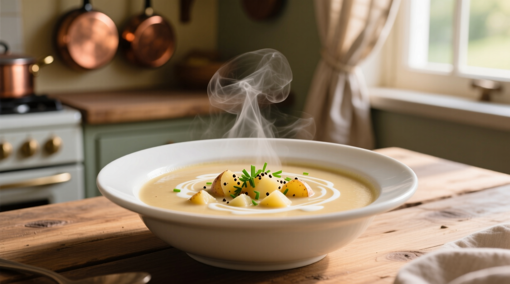 Creamy russet potato soup in white bowl