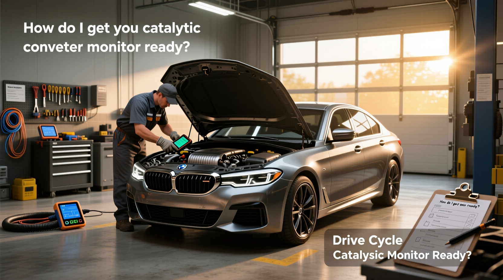 Infographic showing stages of a successful catalyst monitor drive cycle including idle, acceleration, cruise, and deceleration phases