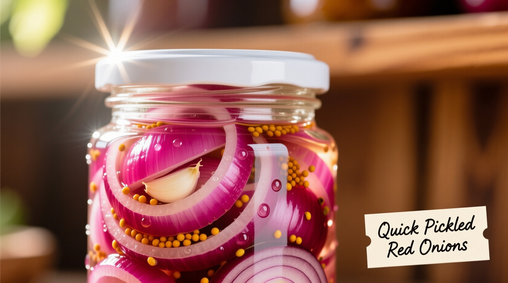 Vibrant magenta quick pickled red onions in glass jar
