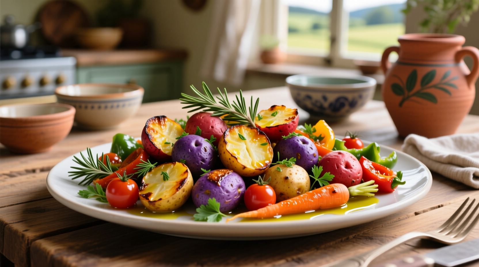 Colorful roasted potato dinner with herbs and vegetables