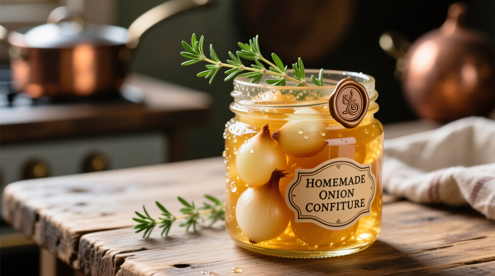 Golden onion confiture in glass jar with fresh thyme