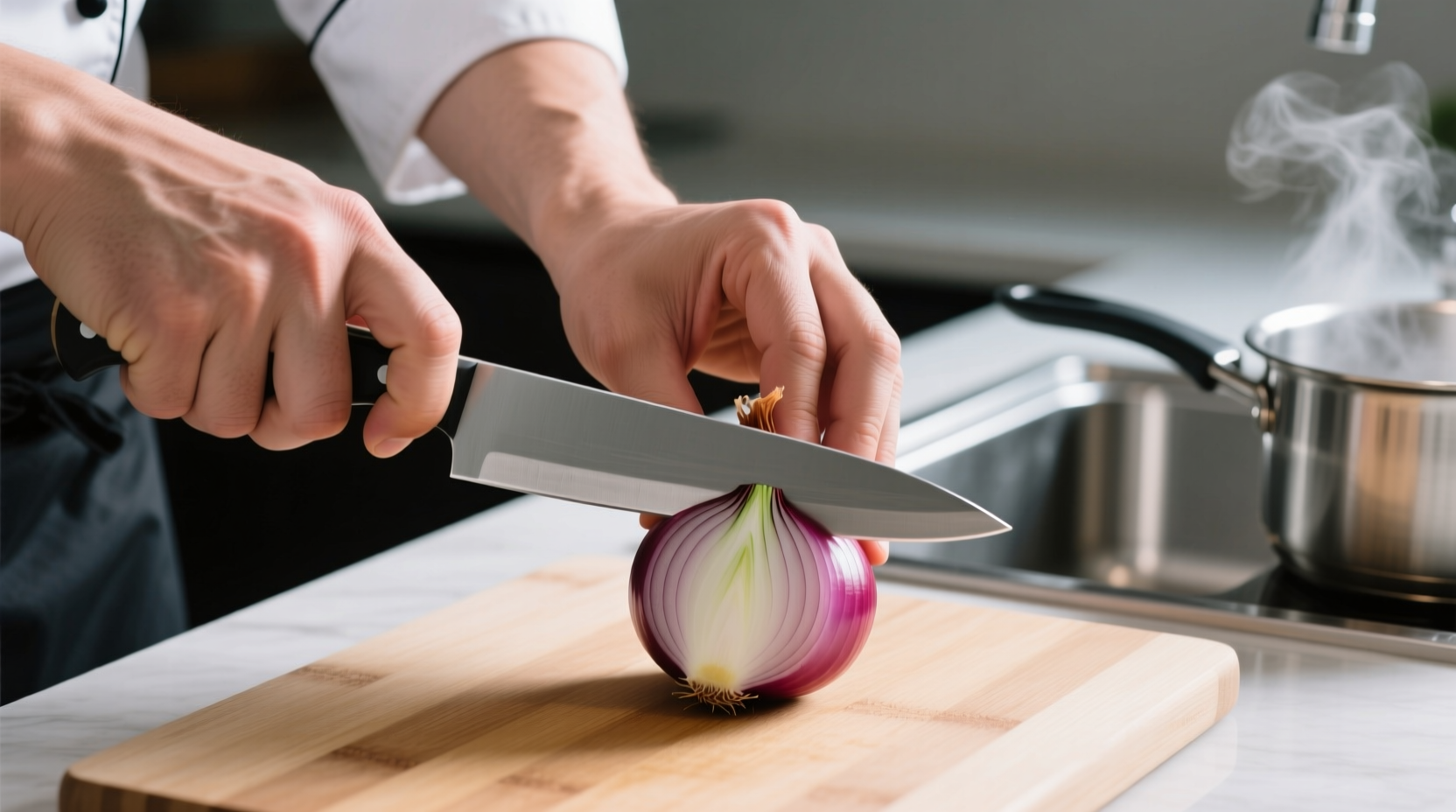 Proper hand position for safe onion cutting technique