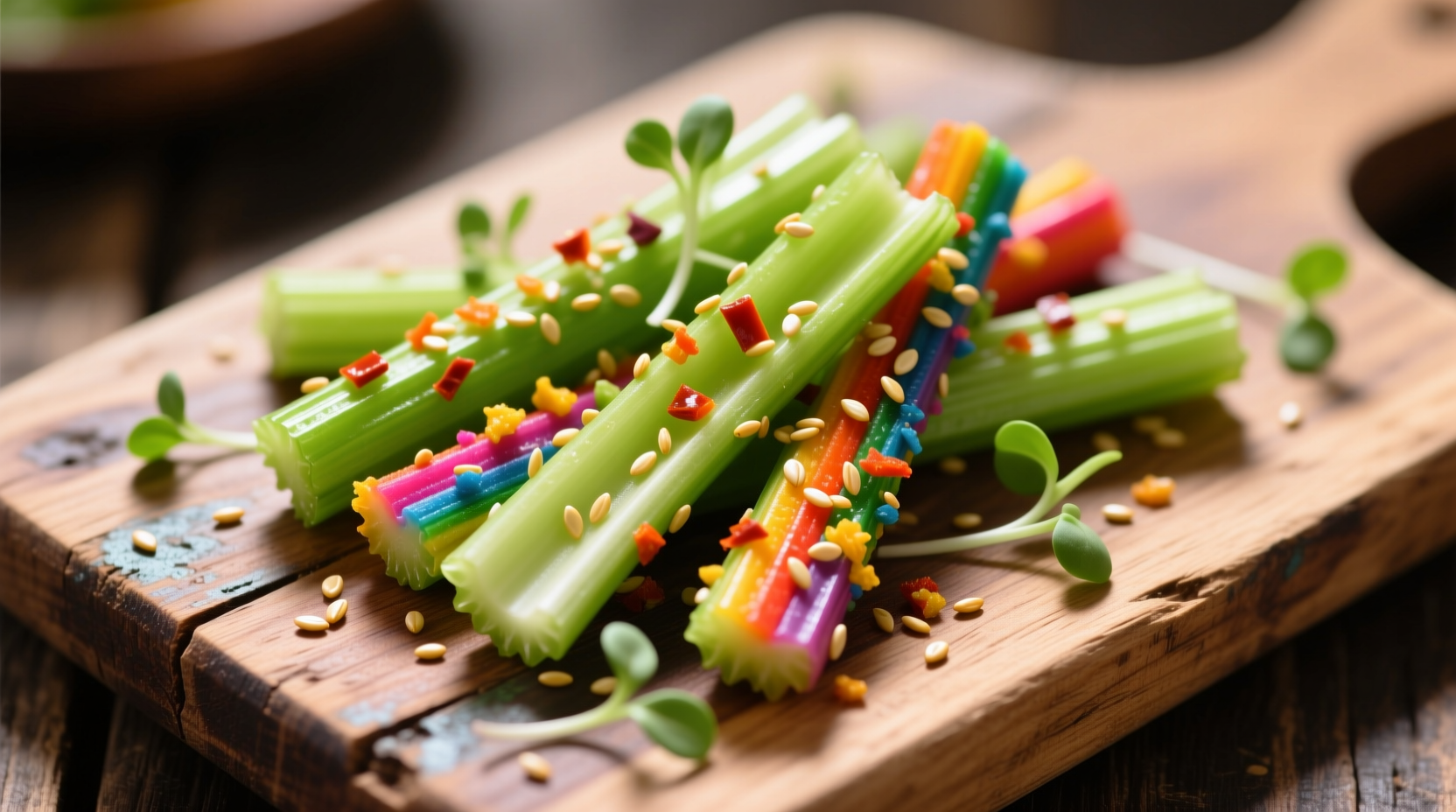Colorful celery snacks arranged on wooden board
