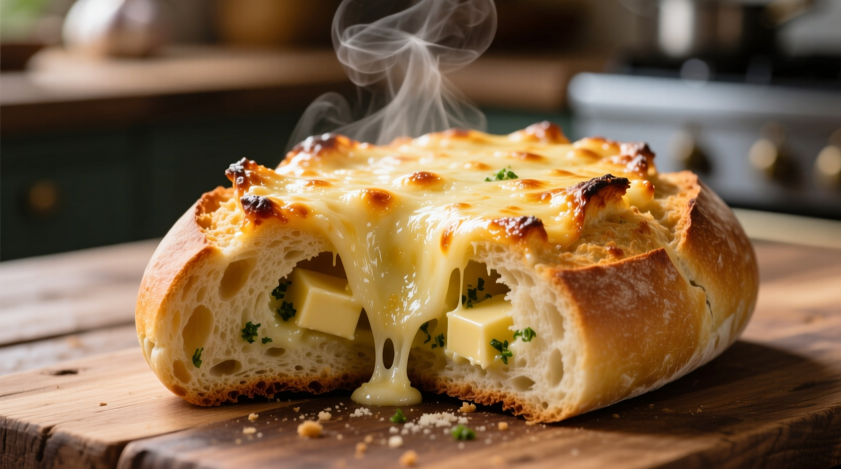 Golden garlic bread with melted parmesan cheese