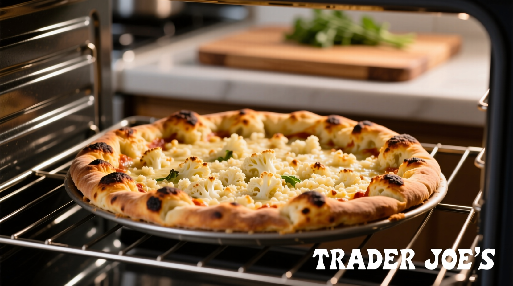 Trader Joe's cauliflower pizza crust baking in oven