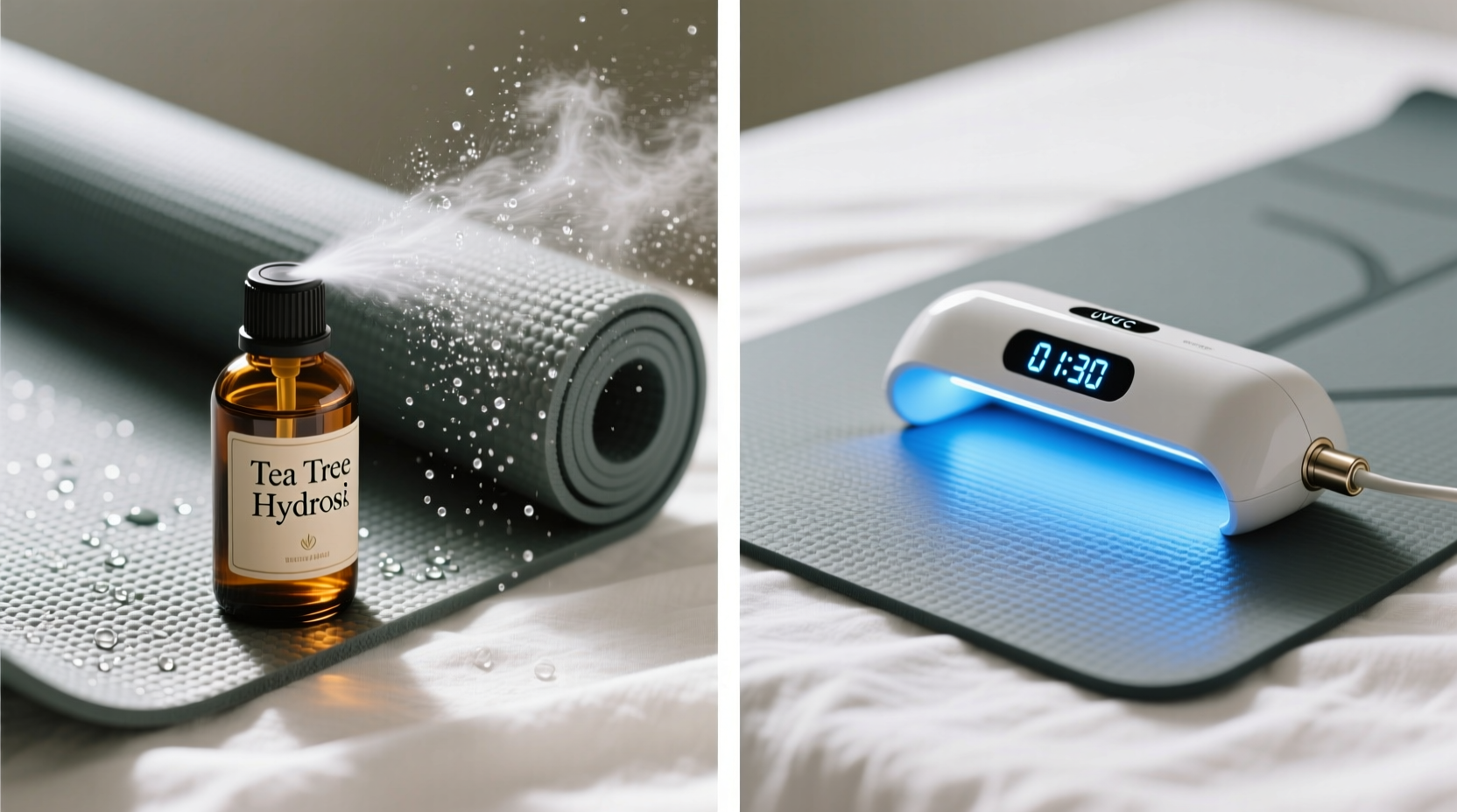 A hand spraying a rolled-out natural rubber yoga mat with a fine-mist glass bottle, while a folded microfiber cloth rests nearby on light oak flooring. Sunlight highlights the mat’s textured surface and absence of streaks or pooling liquid.