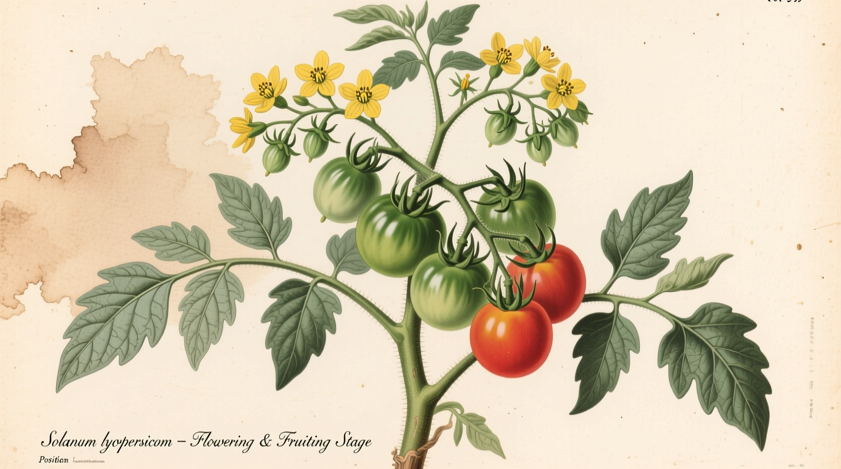 Tomato plant showing flowers and fruit