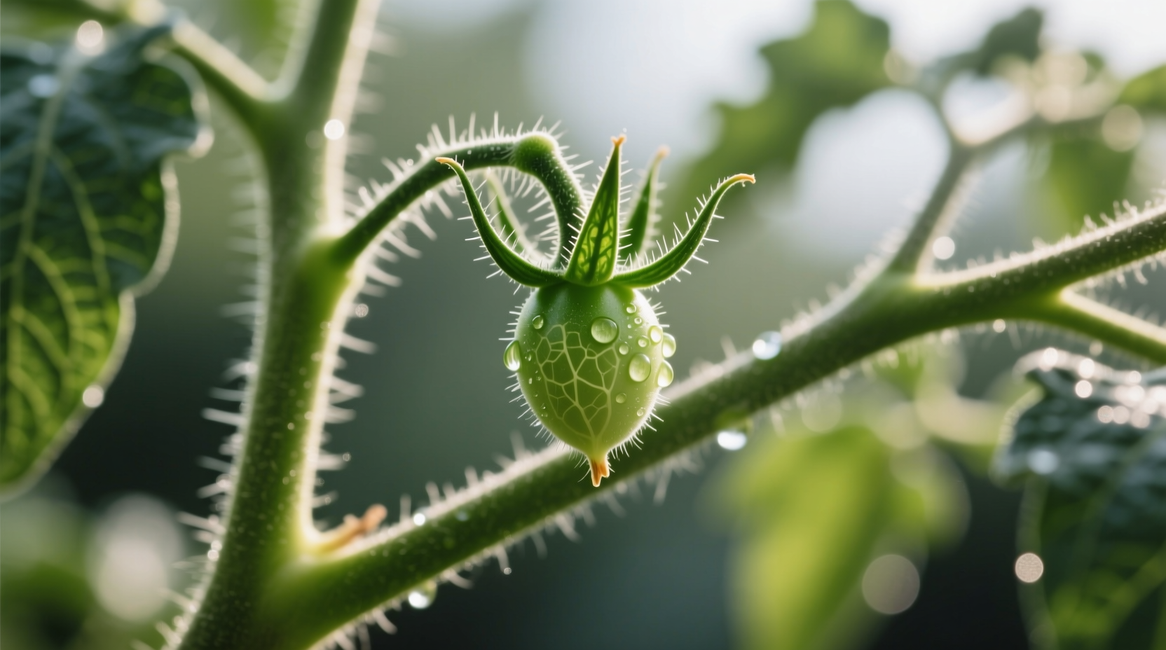 Close-up of tomato sucker growing between stem and branch