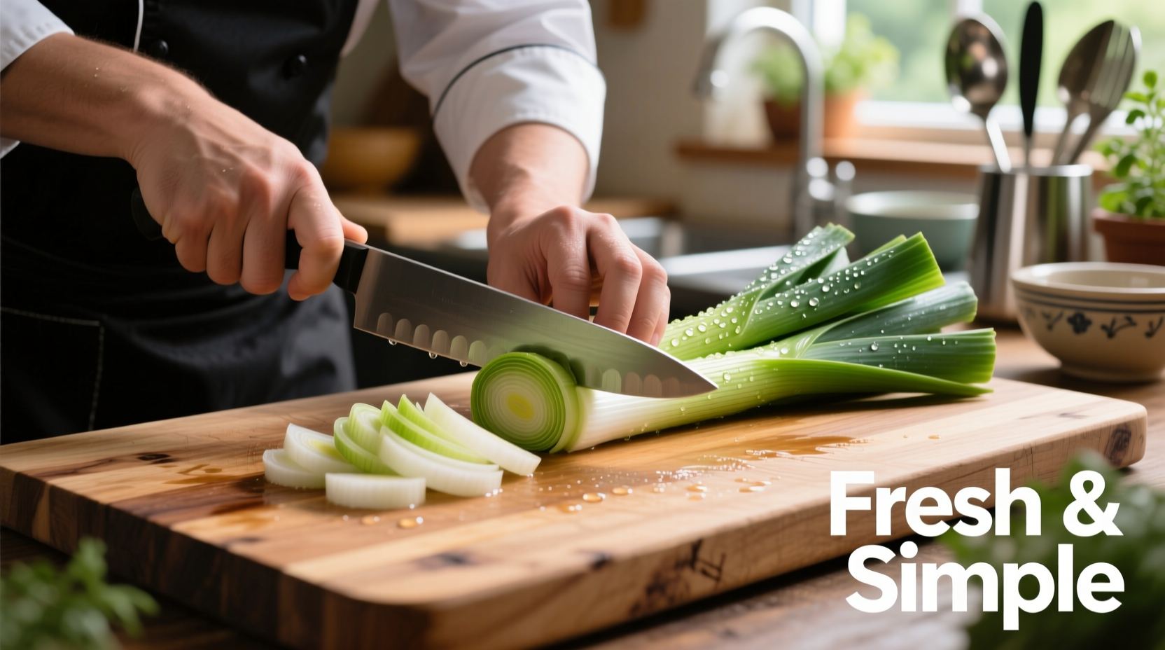 Chef slicing cleaned leeks on wooden cutting board