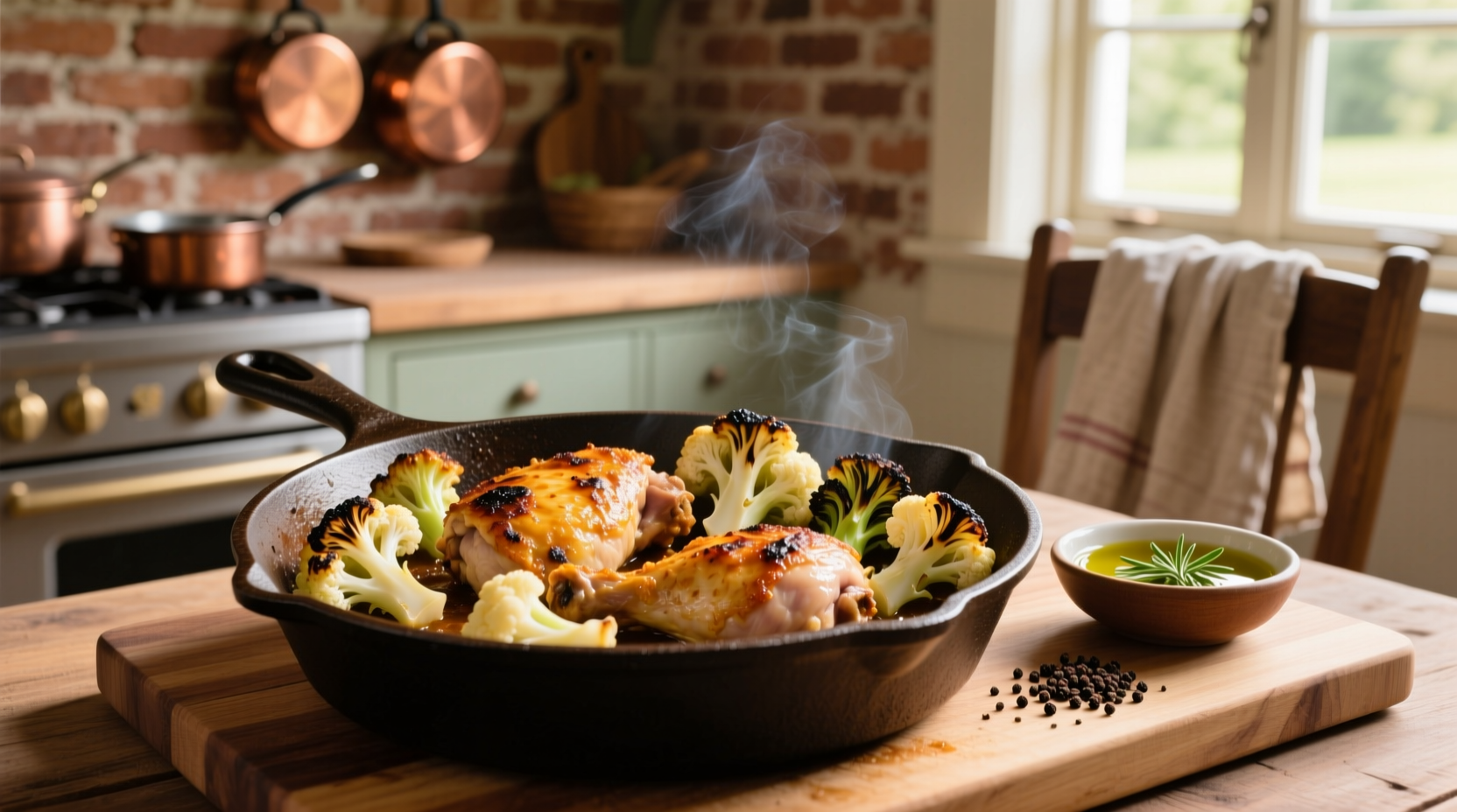 Roasted cauliflower and chicken on cast iron skillet