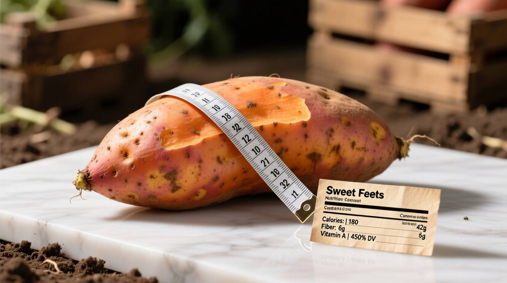 Large sweet potato with measuring tape showing size and nutrition facts