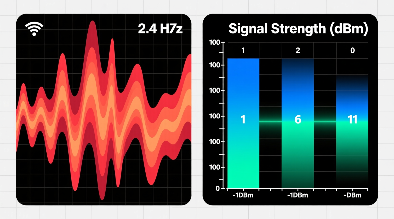 Side-by-side spectrogram visualization showing dense channel overlap on 2.4 GHz (left) versus clean, isolated channels 1, 6, and 11 (right), with labeled signal strength gradients