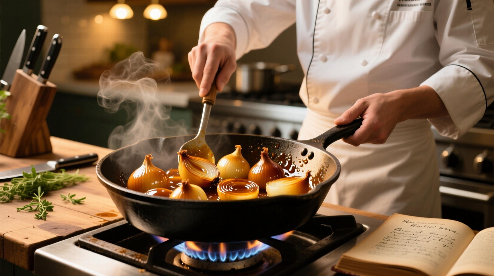 Chef stirring golden caramelized onions in cast iron skillet