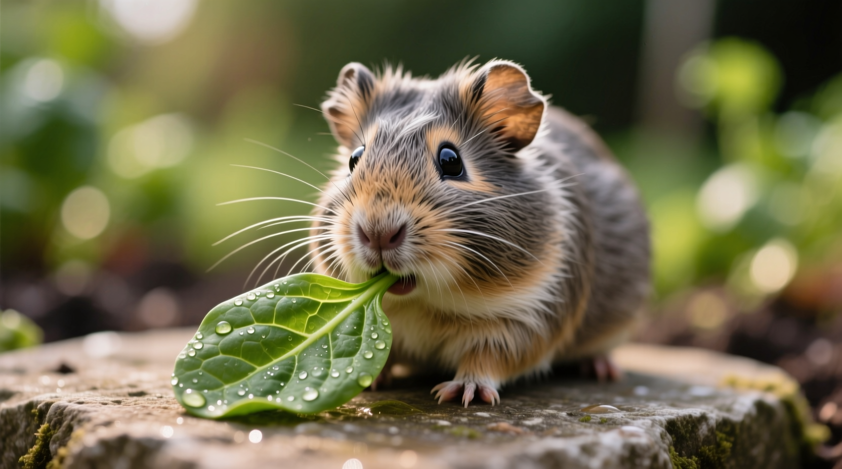 Guinea pig carefully eating small spinach leaf
