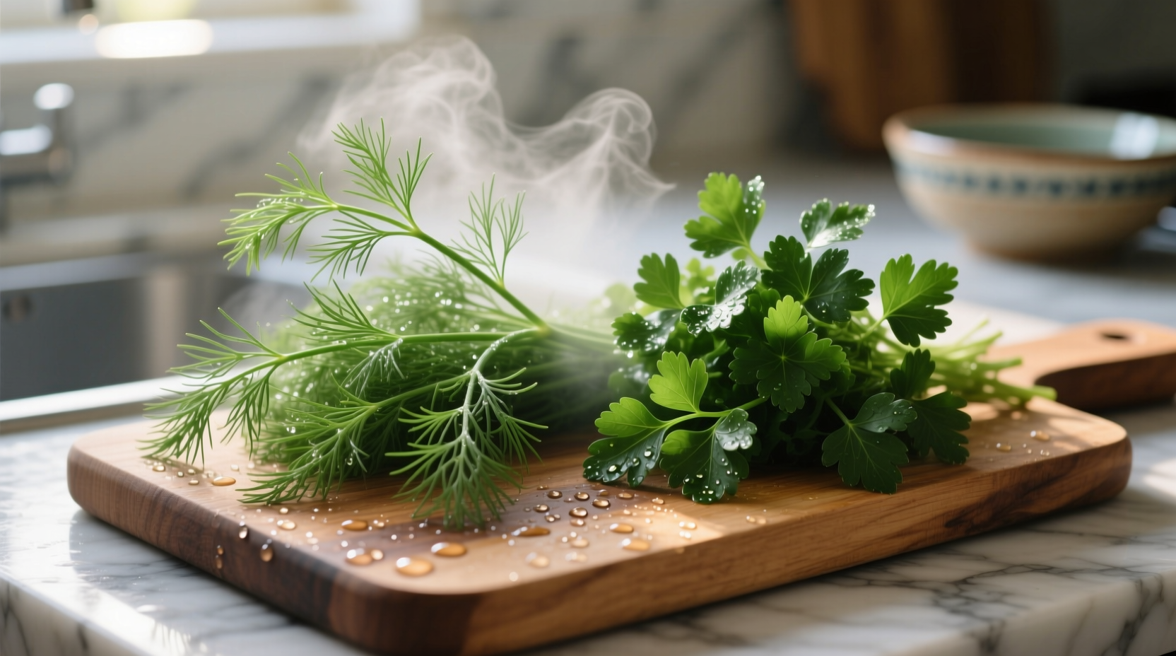 Fresh dill and parsley side by side on cutting board