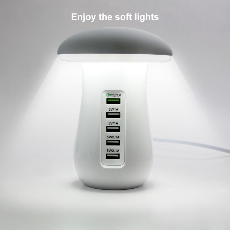 5 ports usb mobile charger with QC3.0 mushroom LED desk lamp