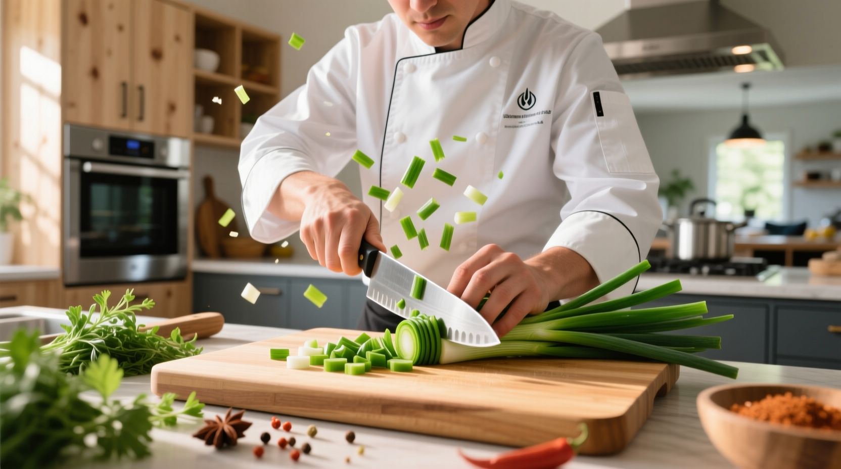Chef preparing green onion substitutes in kitchen