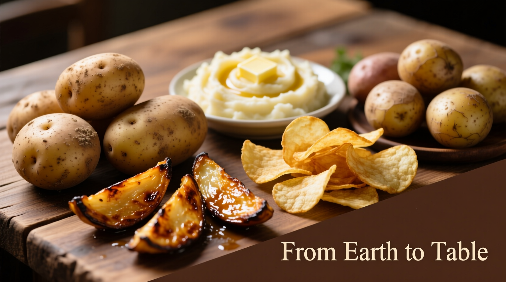 Raw potatoes next to various cooked preparations