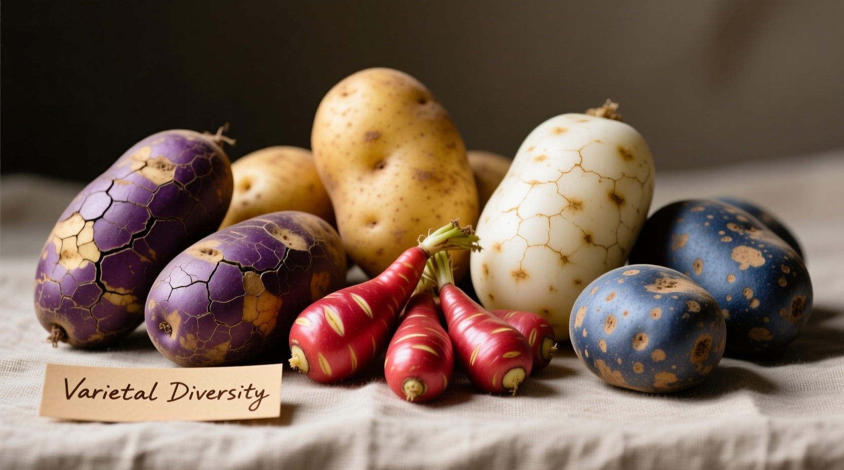 Potato varieties showing different colors and textures