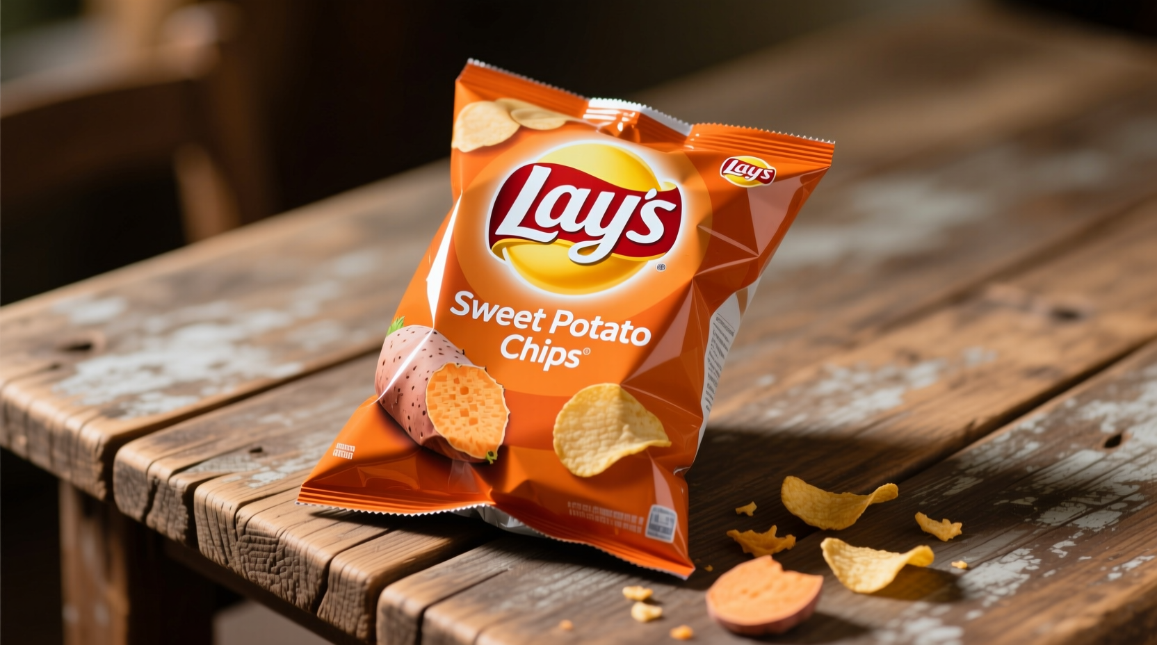 Lay's sweet potato chips bag on wooden table