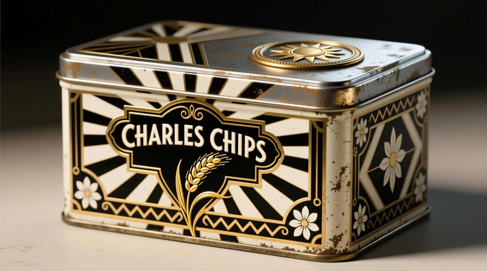 Vintage Charles Chips tin with art deco design