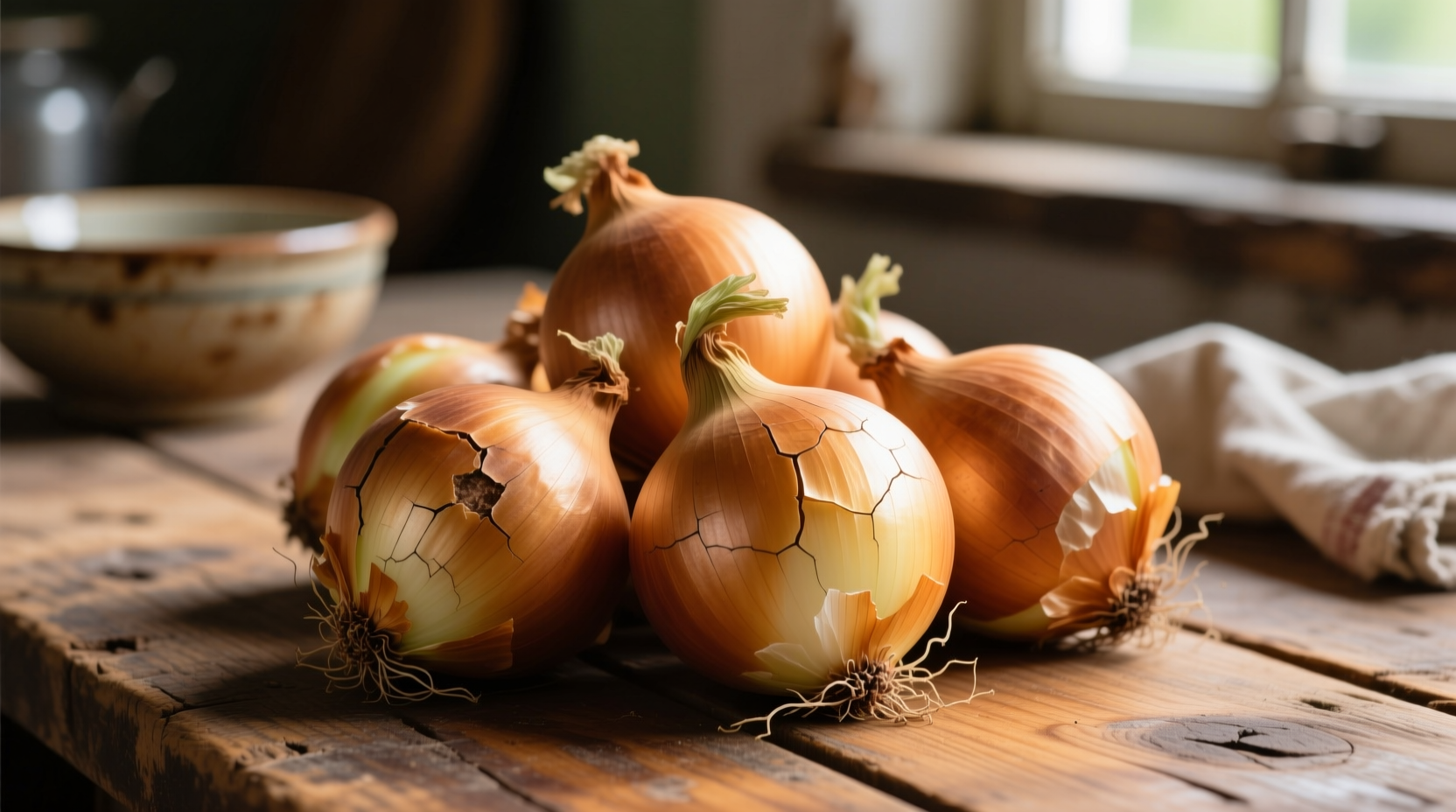 Fresh Patterson onions with golden skin on wooden table