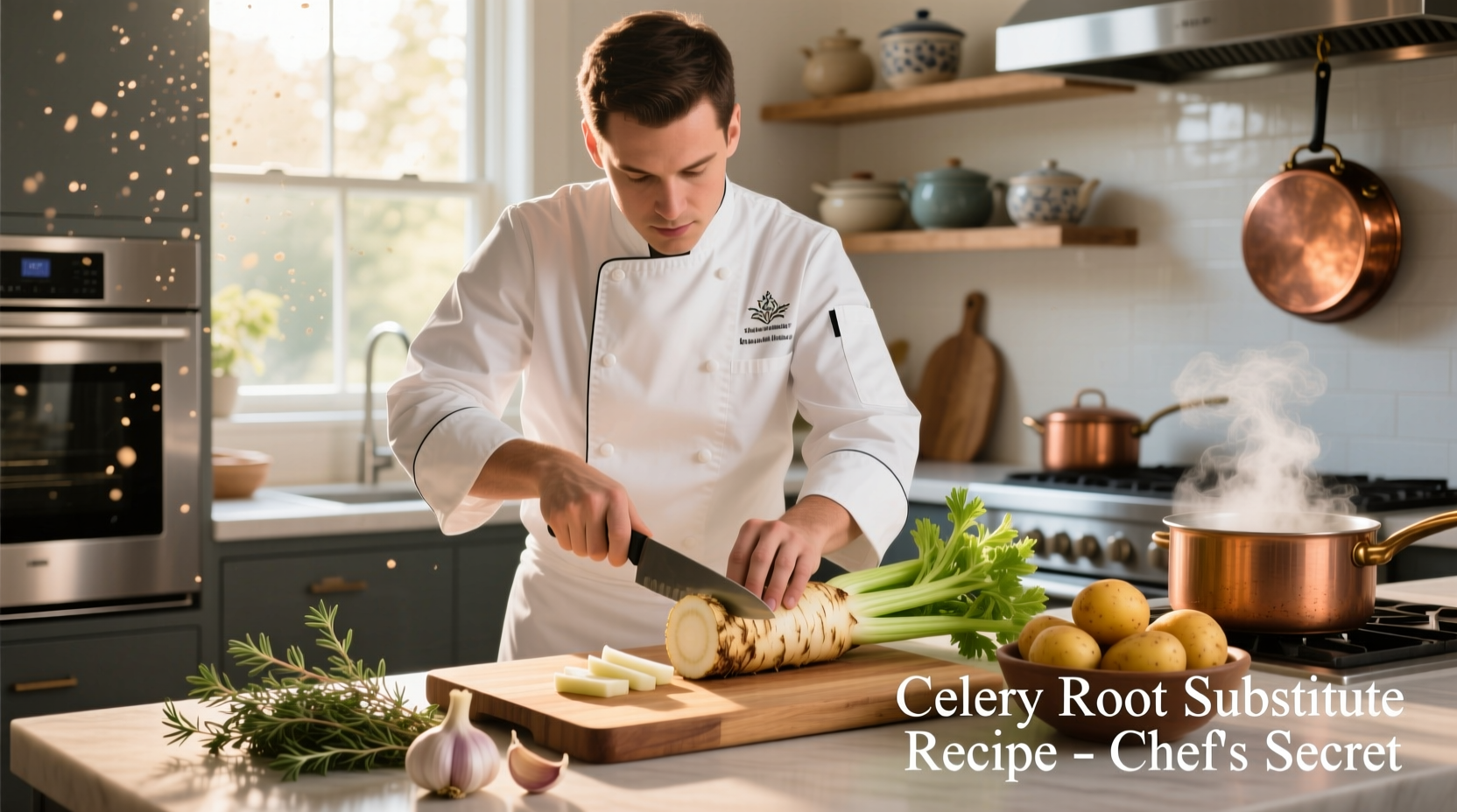 Chef preparing celery root substitutes in kitchen