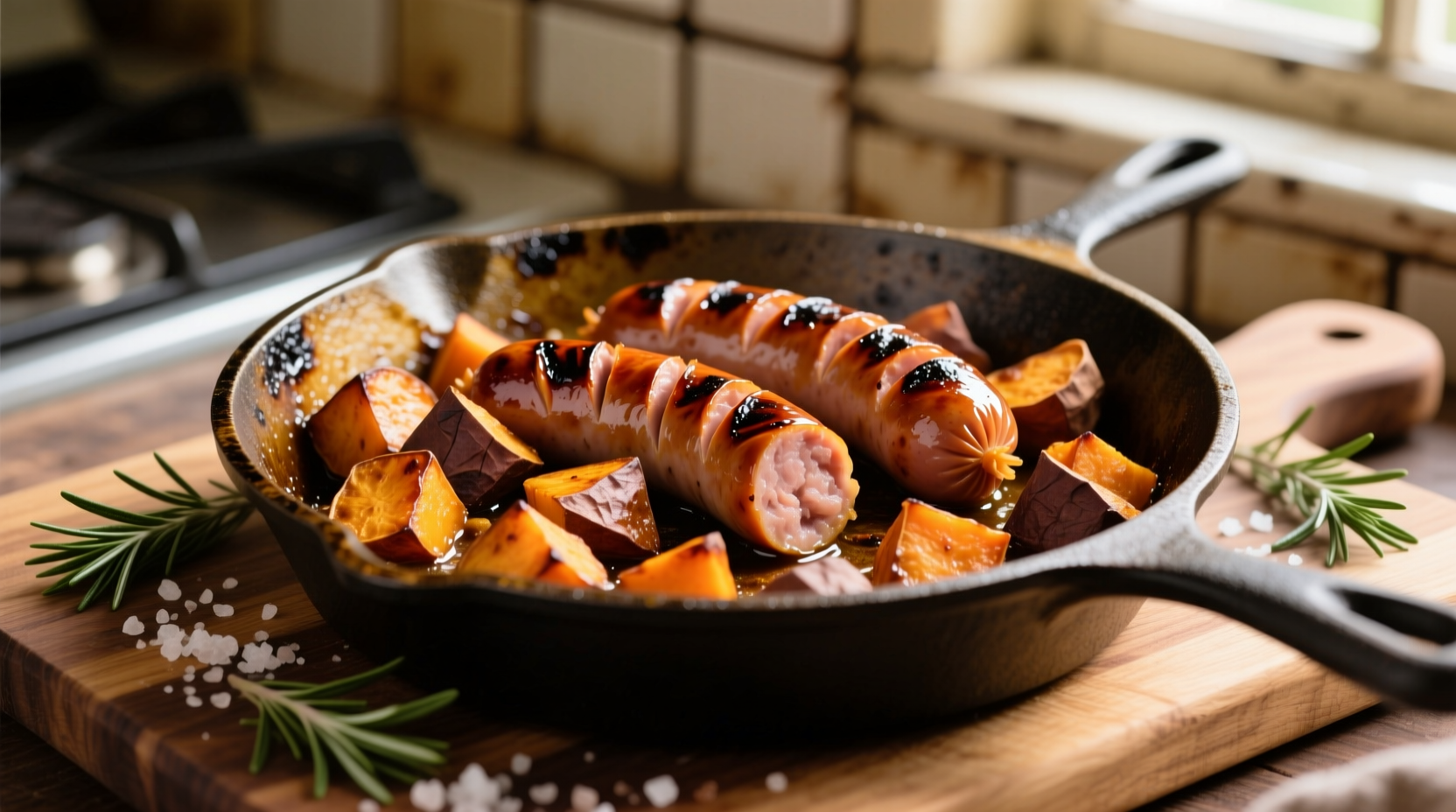Roasted sausage and sweet potato medley on cast iron skillet