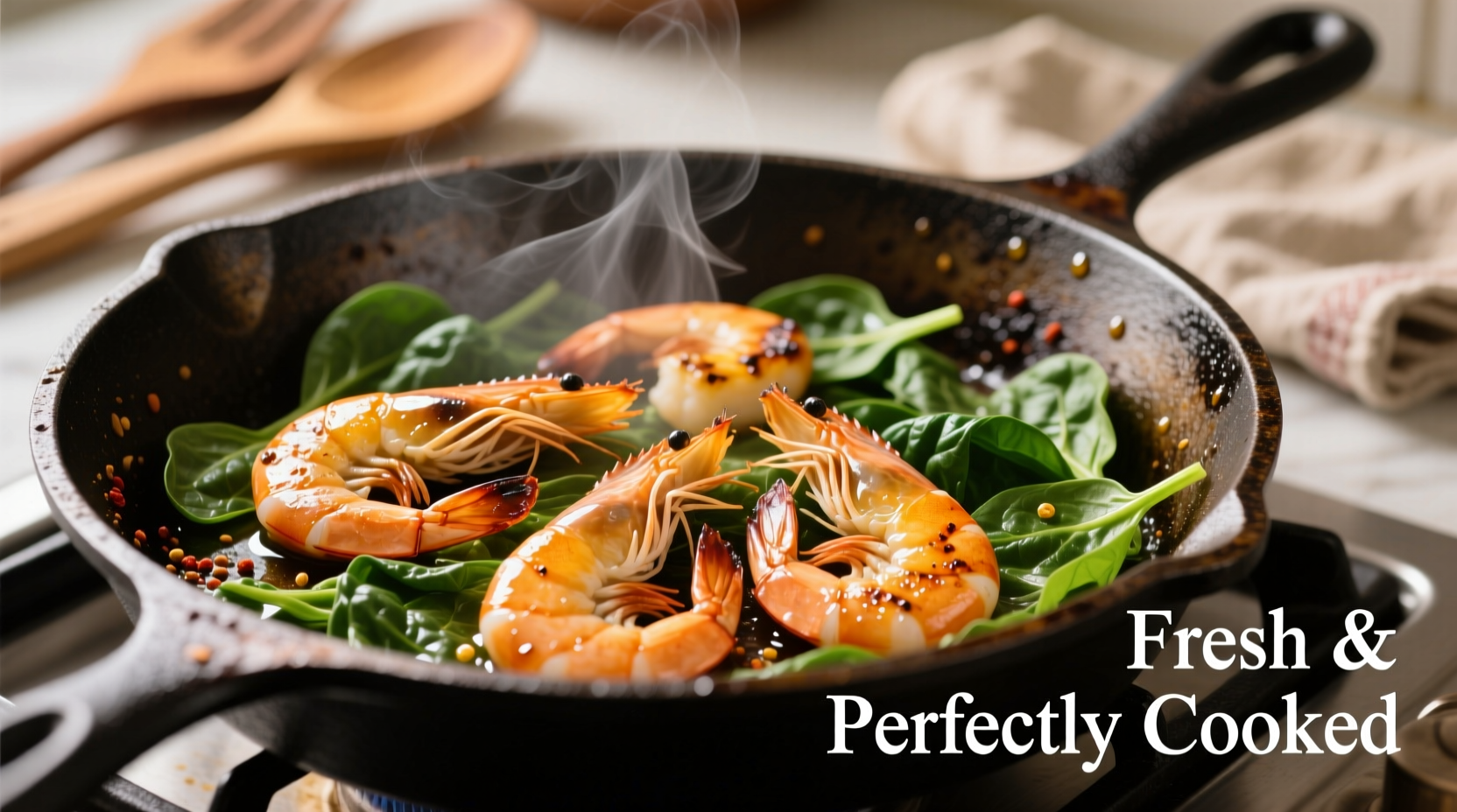 Perfectly cooked shrimp and spinach in skillet