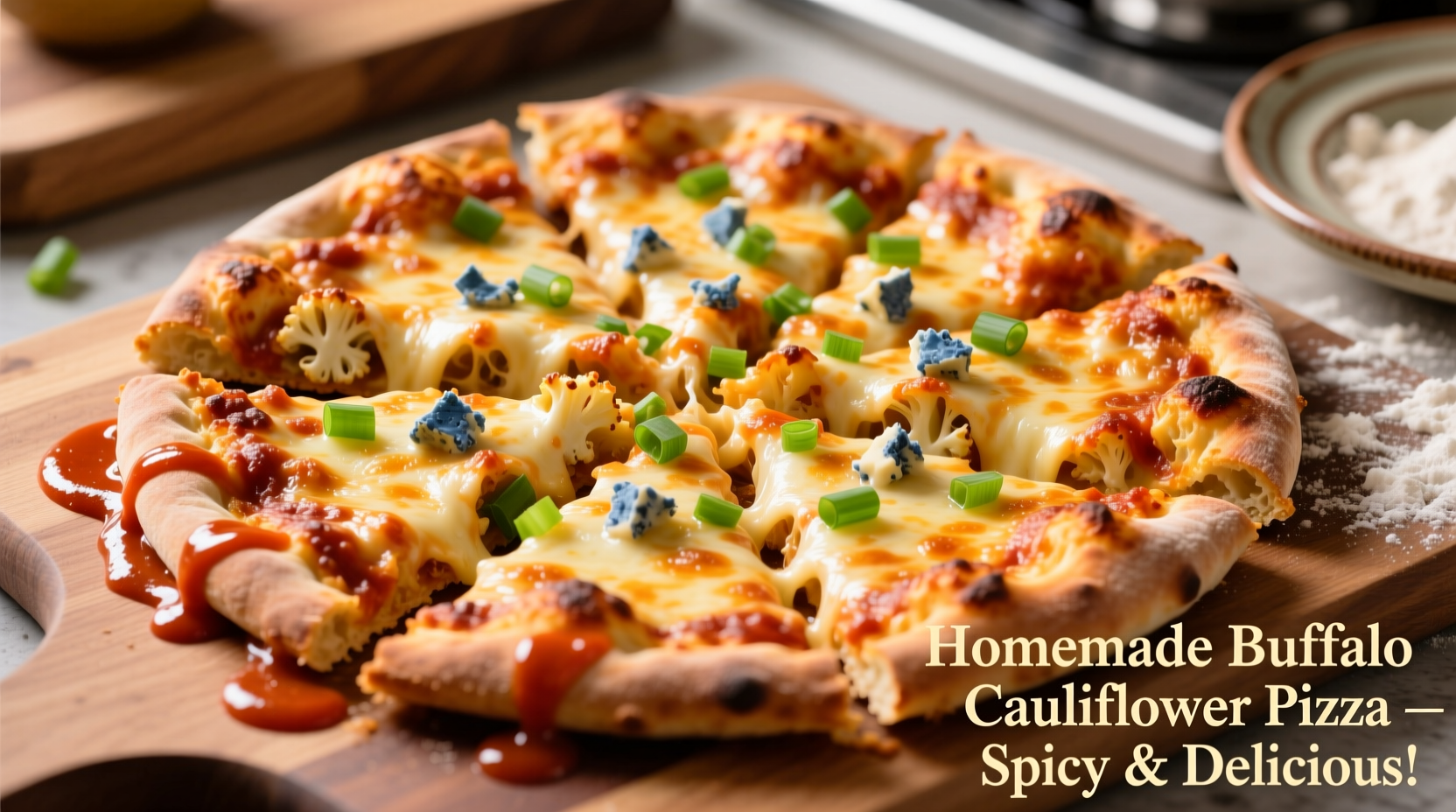 Homemade buffalo cauliflower pizza with melted cheese