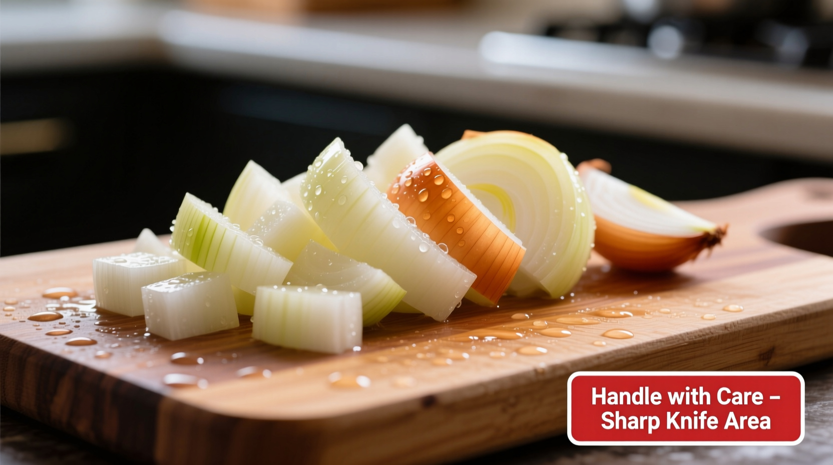 Fresh diced onions on cutting board with safety notice