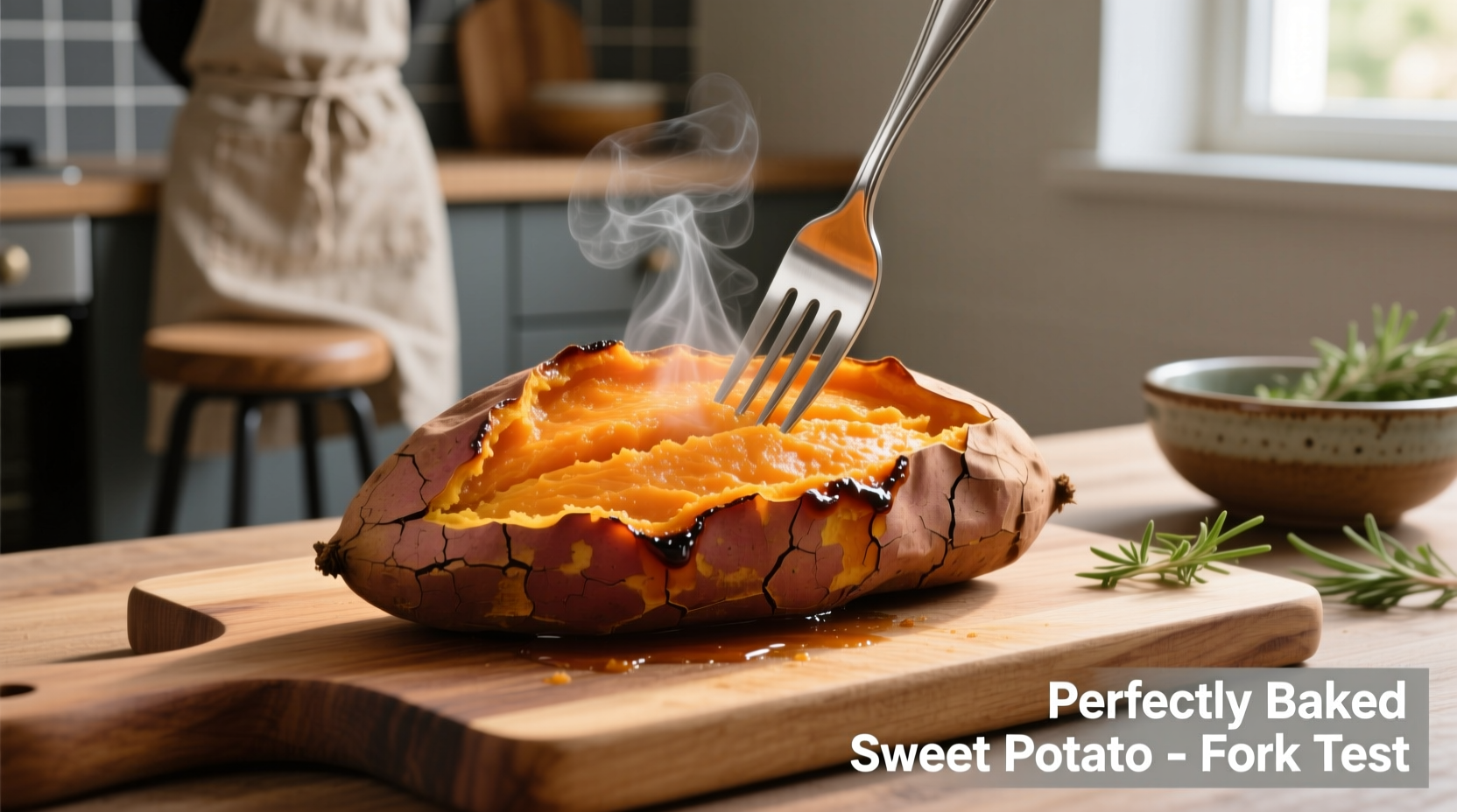 Perfectly baked sweet potato with fork test