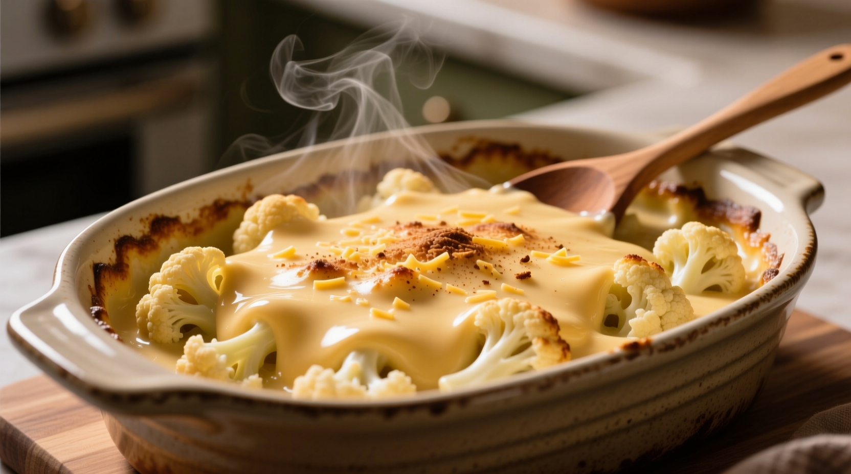 Creamy cauliflower cheese sauce in baking dish