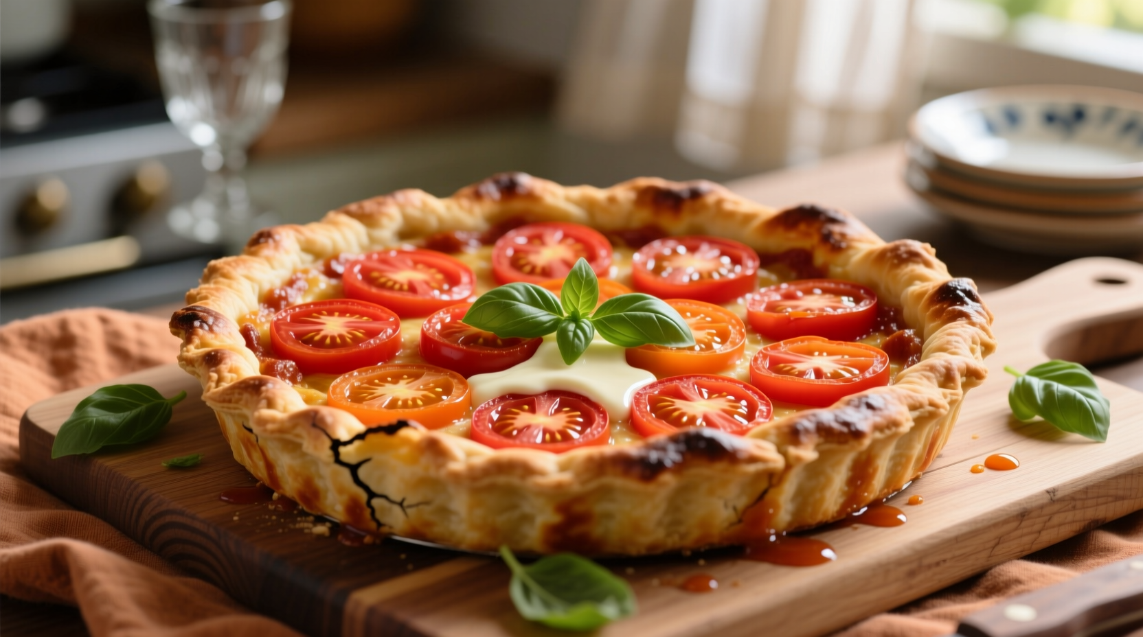 Fresh tomato pie with golden crust and vibrant toppings