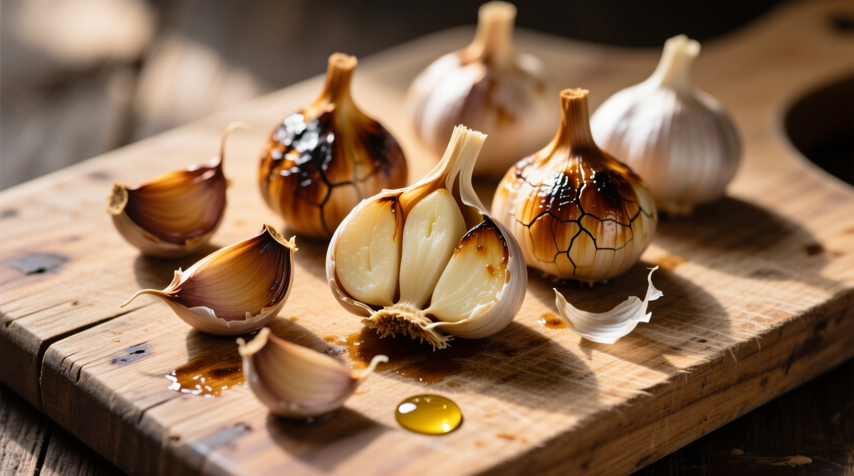 Perfectly roasted garlic cloves on wooden cutting board