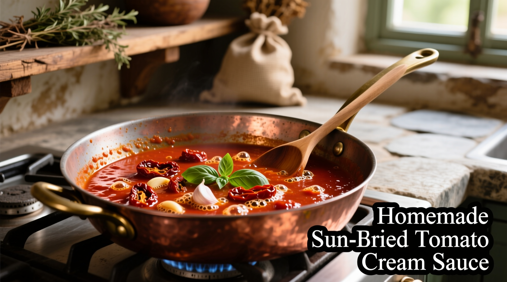 Homemade sun dried tomato cream sauce in copper pan