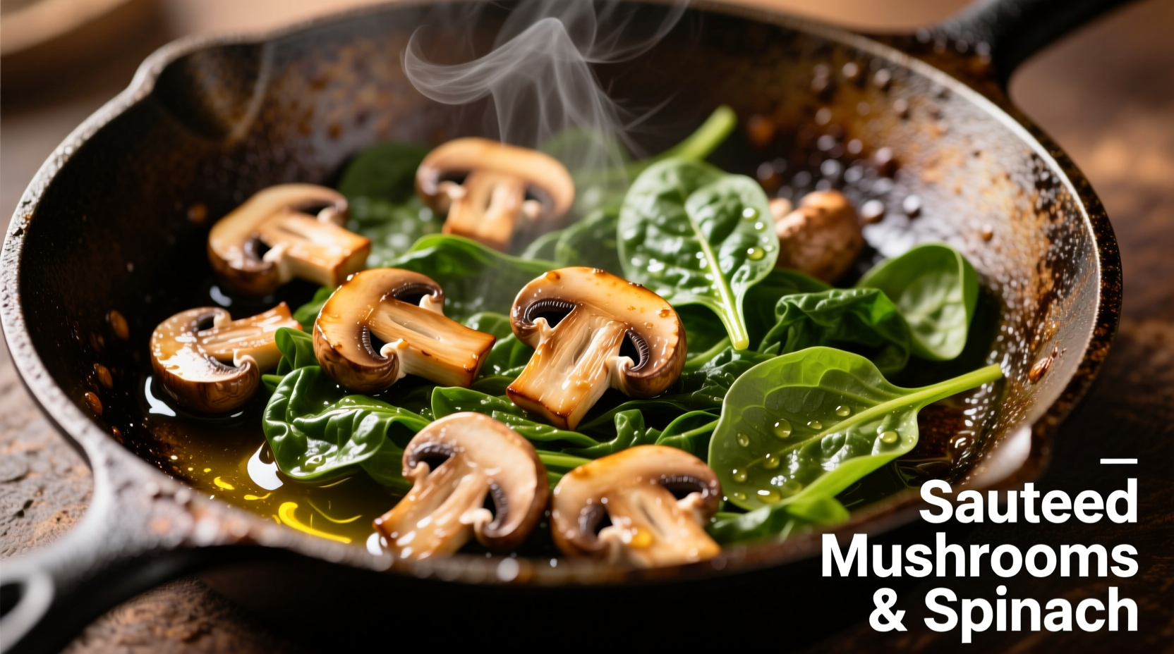 Sautéed mushrooms and fresh spinach in cast iron skillet