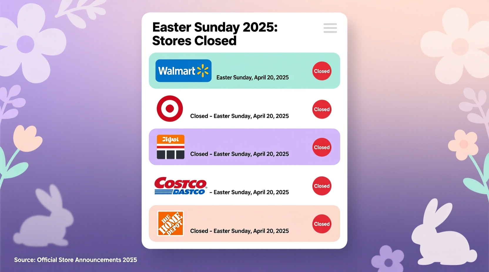 what stores are closed easter sunday 2025