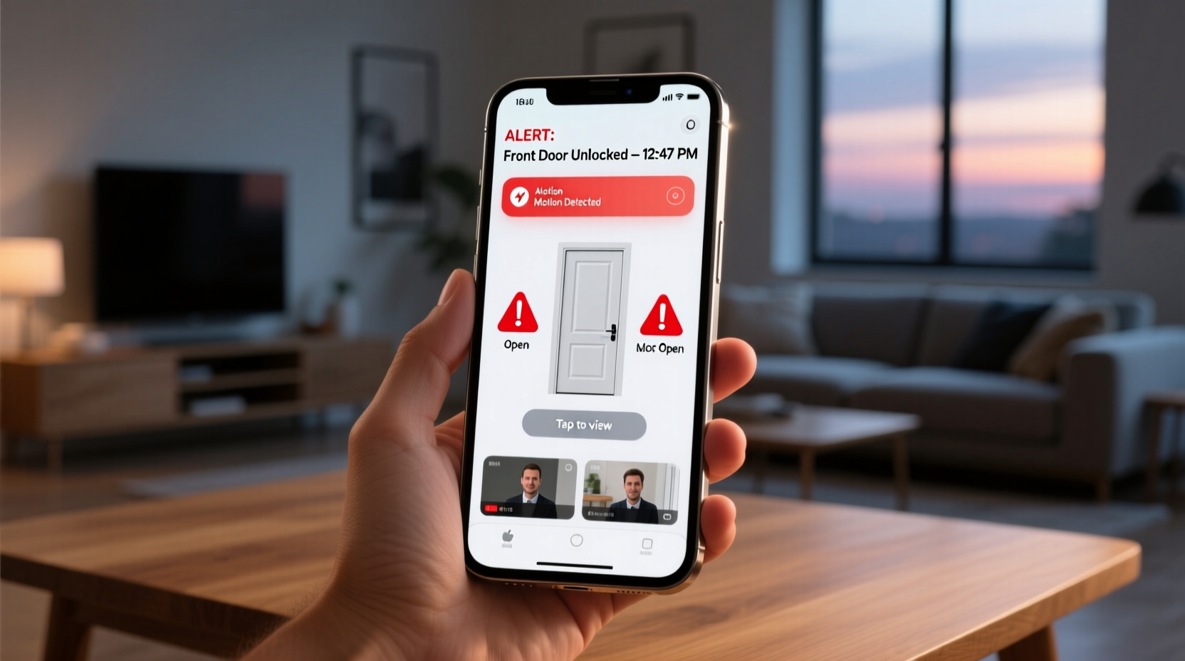 Smartphone showing security system app with active alerts