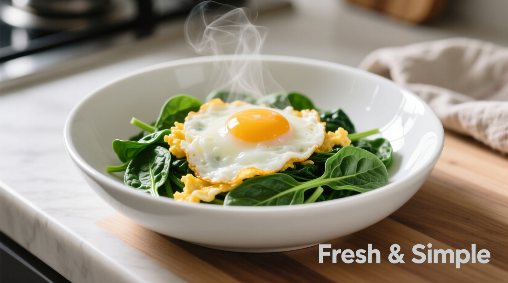 Perfectly cooked spinach and eggs in white bowl