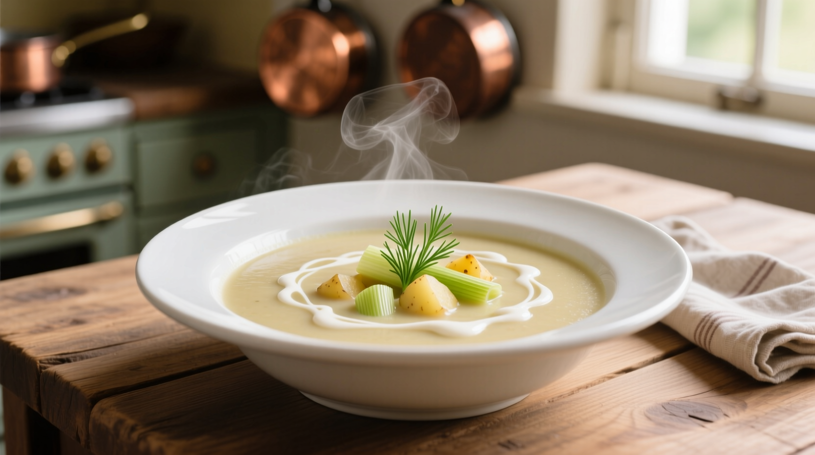 Creamy leek and potato soup in white bowl