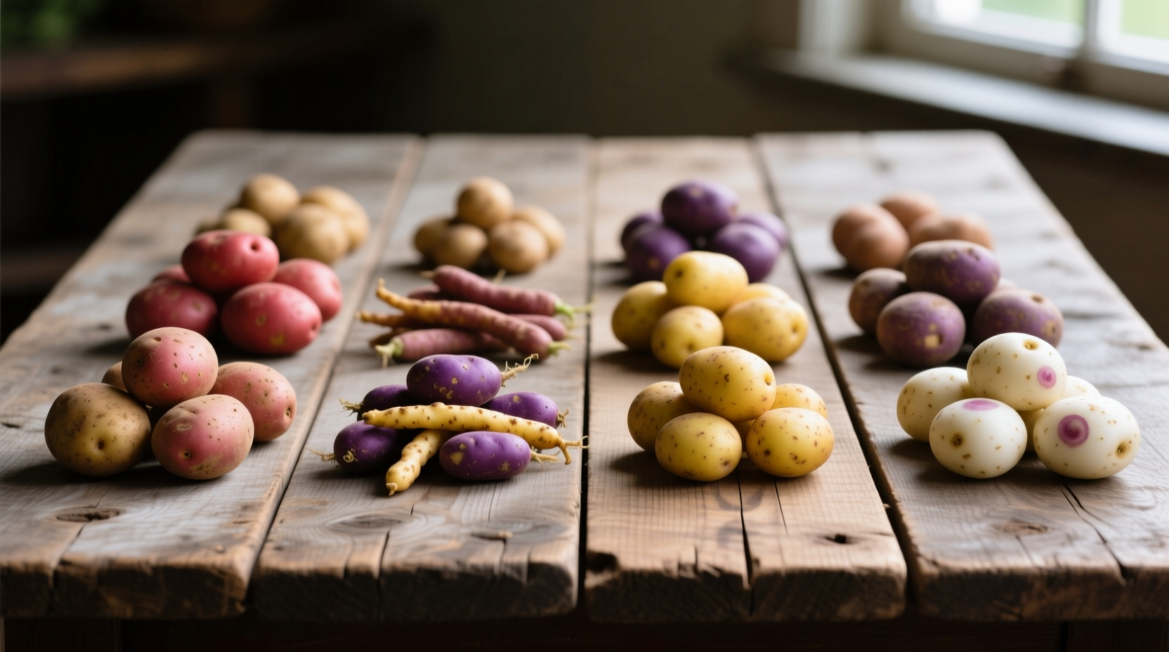 Different potato varieties arranged by type on wooden table