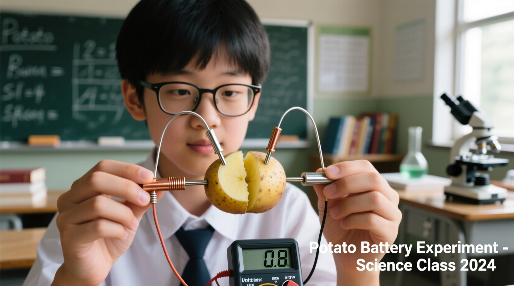 Student demonstrating potato battery circuit with copper and zinc electrodes