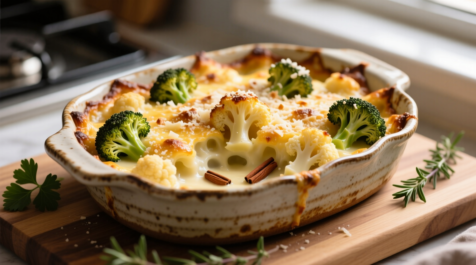 Golden broccoli cauliflower gratin in ceramic baking dish