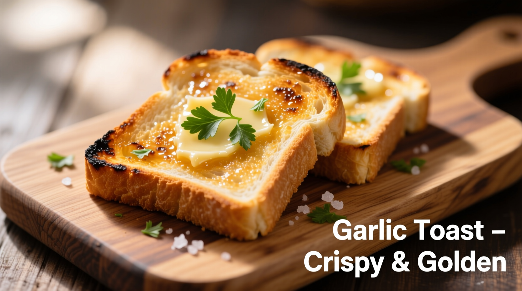 Golden garlic toast on wooden cutting board