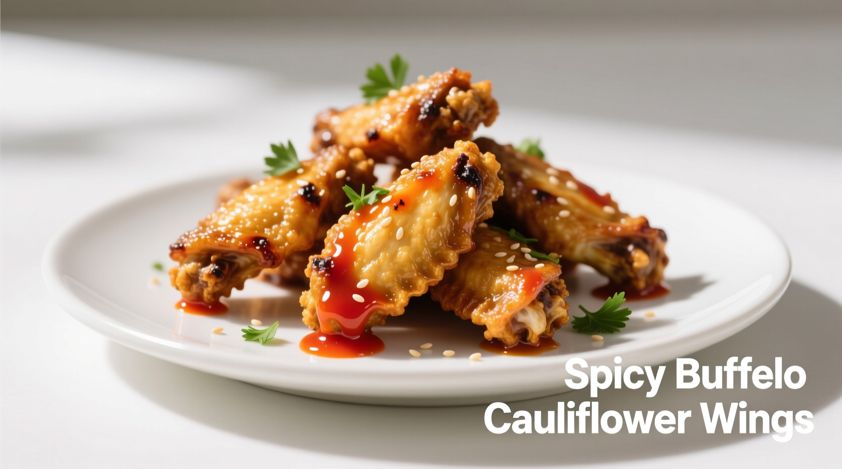 Golden brown cauliflower buffalo wings on white plate