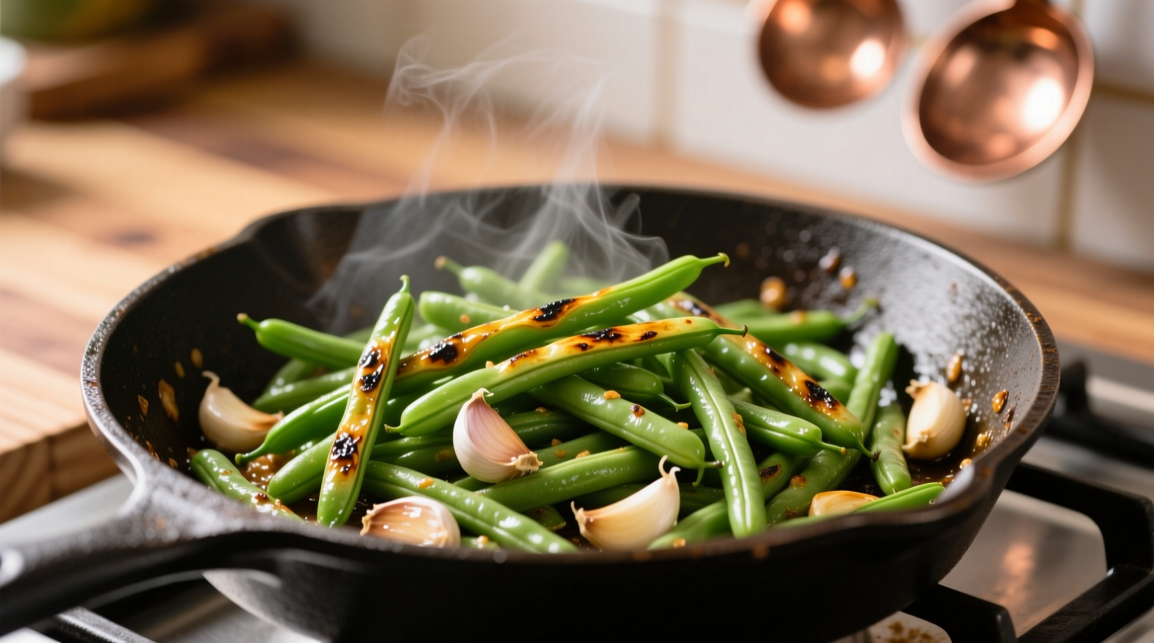 Crisp green beans sautéed with garlic in skillet